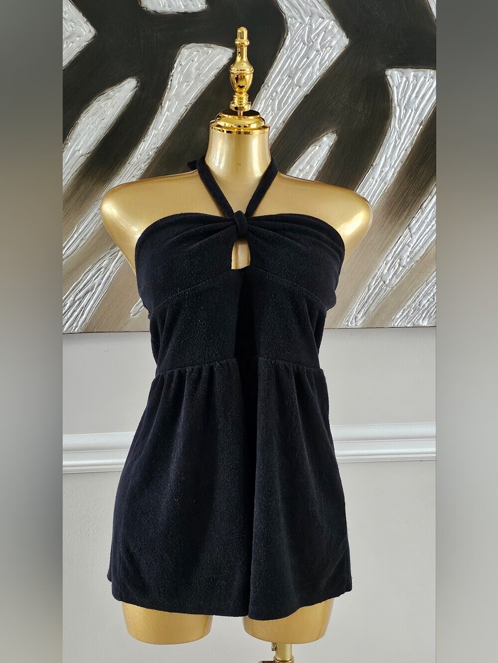 Wild Fable Black Halter Romper Womens Medium Soft Terry Open Front Tie Back Boho